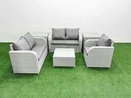 Rackhams High Back Rattan Garden Furniture Set with Reclining Chair Loveseat Sofa Square Coffee Table Indoor Outdoor Patio  Set 2 Side Table Light Grey - thumbnail 1
