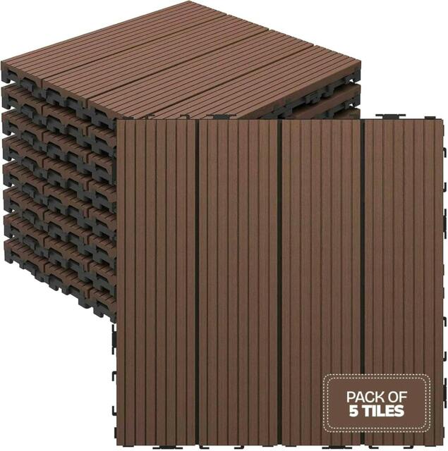 Rackhams My Garden Interlocking Decking Tiles Outdoor 5 Pack – 30x30cm Wood & Plastic Weather-Resistant, Easy Install - Brown - image 1