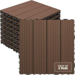 Rackhams My Garden Interlocking Decking Tiles Outdoor 5 Pack – 30x30cm Wood & Plastic Weather-Resistant, Easy Install - Brown