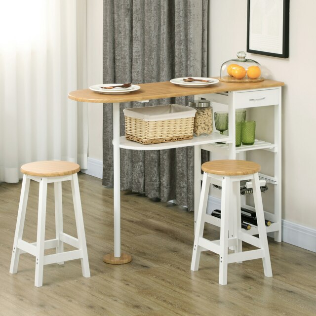 Rackhams 3 Piece Bar Table Set with Drawer, Wire Basket and Wine Rack White - Natural and White - image 1