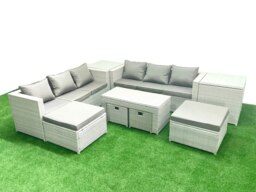 Rackhams Outdoor Rattan Garden Furniture Set with Grey Cushions Luxury 10 Seater with Coffee Table and 2 Side Tables For Conservatory,Patio