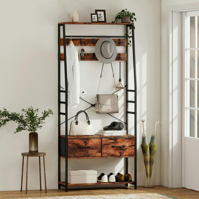 Rackhams Coat Rack with Shoe Storage, Bench and 10 Hooks - 80W x 30D x 180H cm - Rustic Brown - 1 - image 1