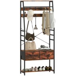 Rackhams Coat Rack with Shoe Storage, Bench and 10 Hooks - 80W x 30D x 180H cm - Rustic Brown - 1 - thumbnail 3