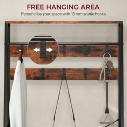 Rackhams Coat Rack with Shoe Storage, Bench and 10 Hooks - 80W x 30D x 180H cm - Rustic Brown - 1 - thumbnail 6