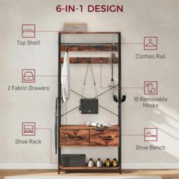 Rackhams Coat Rack with Shoe Storage, Bench and 10 Hooks - 80W x 30D x 180H cm - Rustic Brown - 1 - thumbnail 5