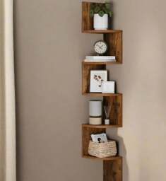 Rackhams Rustic Brown 5-Tier Corner Wall Shelf – Floating Display Bookcase - thumbnail 6