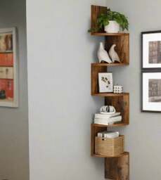 Rackhams Rustic Brown 5-Tier Corner Wall Shelf – Floating Display Bookcase - thumbnail 2