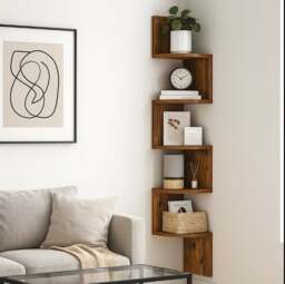Rackhams Rustic Brown 5-Tier Corner Wall Shelf – Floating Display Bookcase - thumbnail 1