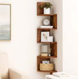 Rackhams Rustic Brown 5-Tier Corner Wall Shelf – Floating Display Bookcase - thumbnail 4