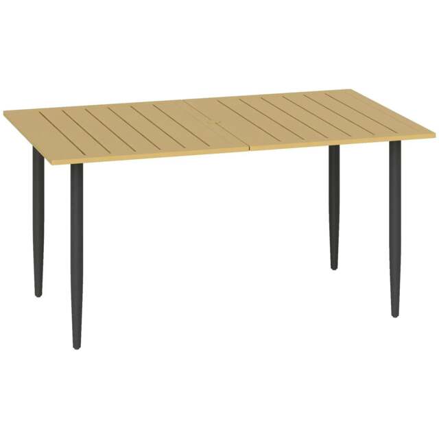 Rackhams Garden Dining Table, 150 x 90 cm Rectangle Outdoor Table with 5 cm Parasol Hole, Slatted Tabletop and Steel Frame, (Table Only) Brown