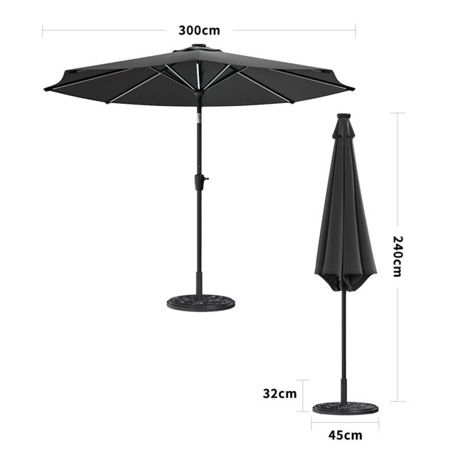 Rackhams 3M Sunbrella Umbrella Dark Grey Lighted Market with Solar Strip LED Lights - Parasol + 10KG Petal cement tank base - image 1