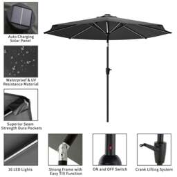 Rackhams 3M Sunbrella Umbrella Dark Grey Lighted Market with Solar Strip LED Lights - Parasol + 10KG Petal cement tank base - thumbnail 6