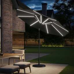Rackhams 3M Sunbrella Umbrella Dark Grey Lighted Market with Solar Strip LED Lights - Parasol + 10KG Petal cement tank base - thumbnail 3