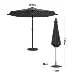 Rackhams 3M Sunbrella Umbrella Dark Grey Lighted Market with Solar Strip LED Lights - Parasol + 10KG Petal cement tank base - thumbnail 1