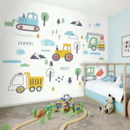 Rackhams Tractors And Diggers Wall Mural  - Yellow - Medium - W300cm x H240cm - thumbnail 1