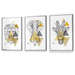 Rackhams Yellow Geometric Giraffe Lion Elephant Set of 3 Framed Wall Art - 59x84cm (A1) - Silver