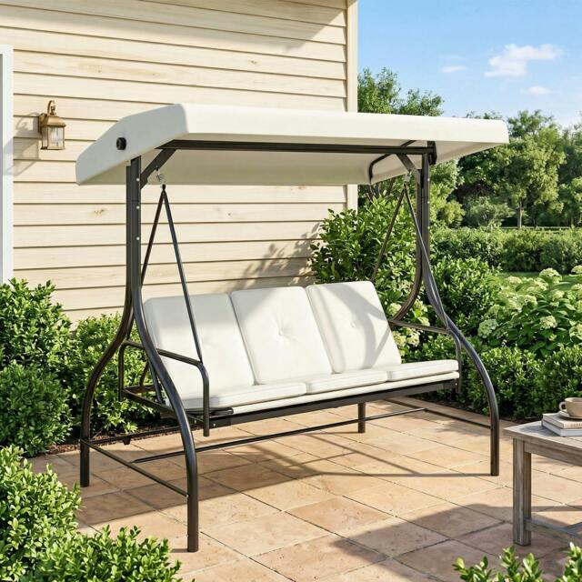 Rackhams 3 Seater Canopy Swing Chair Porch Hammock Bed Rocking Bench Cream White - image 1