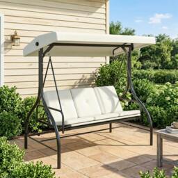 Rackhams 3 Seater Canopy Swing Chair Porch Hammock Bed Rocking Bench Cream White - thumbnail 1