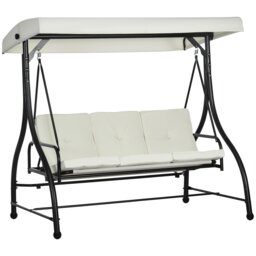 Rackhams 3 Seater Canopy Swing Chair Porch Hammock Bed Rocking Bench Cream White - thumbnail 3