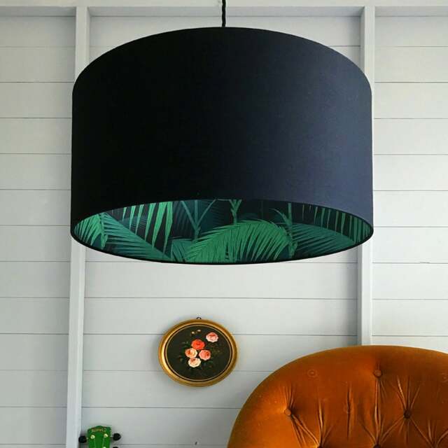 "Rackhams Cole and Son Palm Jungle Wallpaper Lampshade in Jet Black - Ceiling Pendant / Arc Lamp - 25cm Diameter x 25cm Height / (10"" x 10"")" - image 1