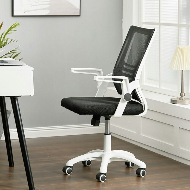 Rackhams Mesh Back Ergonomic 360 Degree Swivel Office Chair with Folding Armrests - Black and White - Black and White - image 1