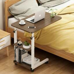 Rackhams 3-tier Height Adjustable Mobile Table Overbed Desk with Wheels - Brown