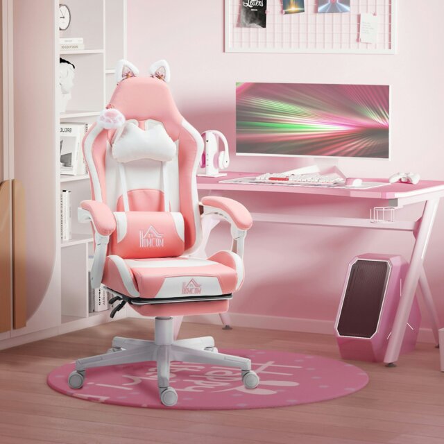 Rackhams Gaming Chair with Footrest, Reclining Computer Chair, Pink - image 1