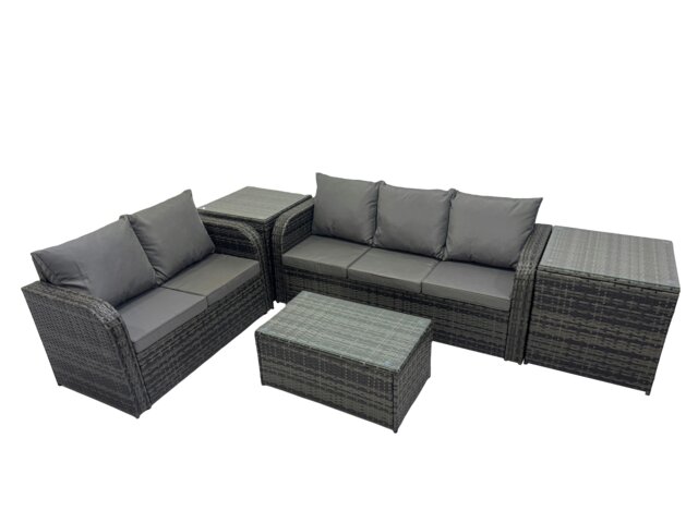 Rackhams Outdoor Love Sofa 3 Seater Sofa Coffee Table Set Garden Rattan Furniture Set 5 Seater with 2 Side Tables Dark Grey - image 1