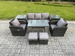Rackhams Outdoor Garden Furniture Sets 8 Pieces Wicker Rattan Furniture Sofa Sets with Rectangular Dining Table 2 Small Footstools 2 Side Tables