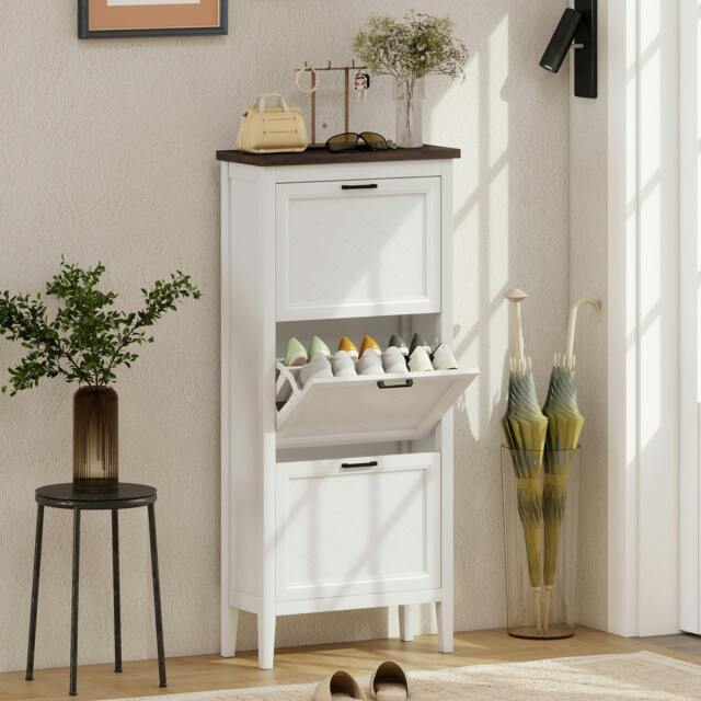 Rackhams Shoe Cabinet with 3 Flip Drawers, Narrow Shoe Storage Cabinet - White - 60 x 26.5 x 133.7 cm - Melamine and painted coating - image 1