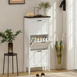 Rackhams Shoe Cabinet with 3 Flip Drawers, Narrow Shoe Storage Cabinet - White - 60 x 26.5 x 133.7 cm - Melamine and painted coating - thumbnail 1
