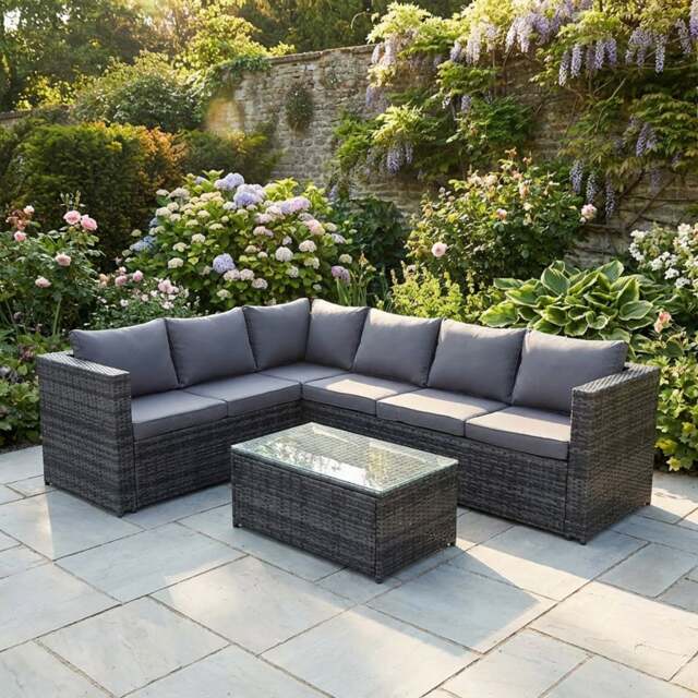 Rackhams 6 Seater Rattan Corner Sofa Set with Rectangular Coffee Table - Grey - image 1