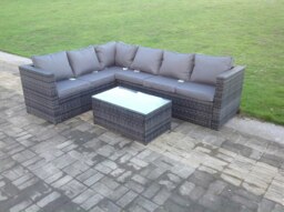 Rackhams 6 Seater Rattan Corner Sofa Set with Rectangular Coffee Table - Grey - thumbnail 2