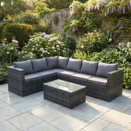 Rackhams 6 Seater Rattan Corner Sofa Set with Rectangular Coffee Table - Grey
