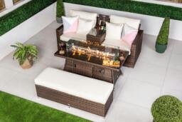 Rackhams Havana 2 Seat Modular Sofa Rattan Garden Balcony Furniture Set Outdoor Drinks Cooler Table, Fire Pit Coffee Table & Bench - Brown - 1