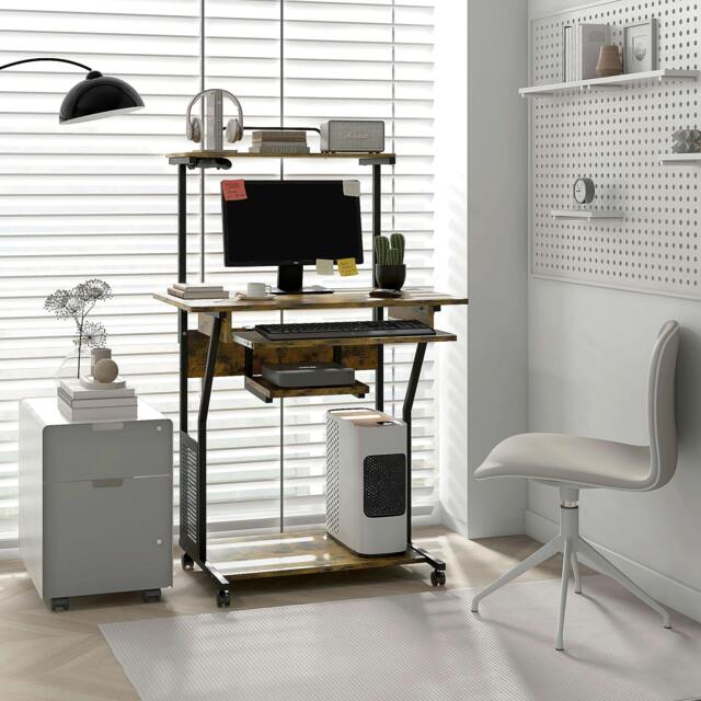 Rackhams Rolling Computer Desk with Keyboard Tray Rustic Brown - image 1