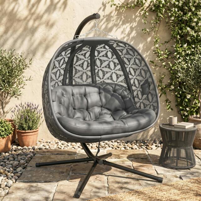 Rackhams Double Hanging Swing Chair w/ Stand & Cup Holders, Charcoal Grey - Grey