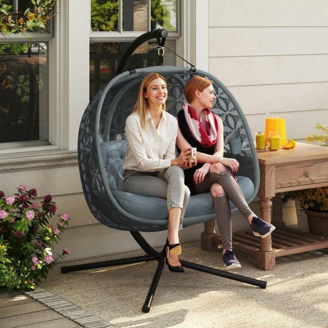 Rackhams Double Hanging Swing Chair w/ Stand & Cup Holders, Charcoal Grey - Charcoal grey - image 1