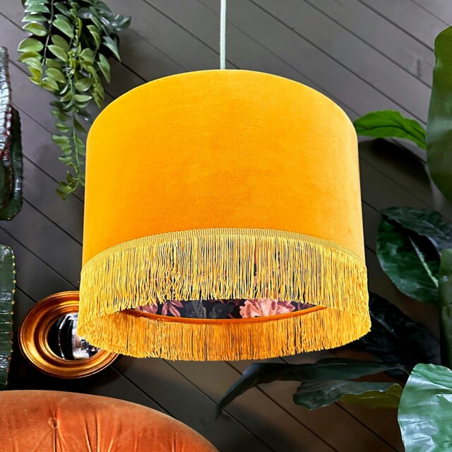 "Rackhams Fire Cracker Midnight Garden Silhouette Lampshade in Butterscotch Velvet & Fringing - Table / Floor Lamp - 35cm diameter x 25cm Height (14"" x 10"")" - image 1