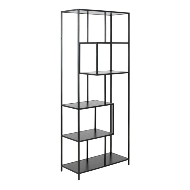 Rackhams Seaford Tall Black Metal Bookcase with 5 Black Shelves - 1 - Black and Natural - Wood - image 1