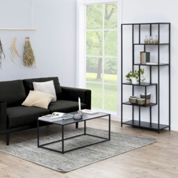 Rackhams Seaford Tall Black Metal Bookcase with 5 Black Shelves - 1 - Black and Natural - Wood - thumbnail 5
