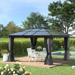 Rackhams 3 x 3.6m Hardtop Gazebo Canopy with Mosquito Netting and Curtains - Black - 420cm x 360cm x 265cm