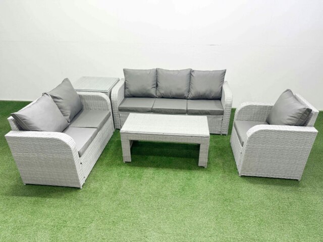 Rackhams 6-Seater Light Grey PE Rattan Outdoor Sofa Set - Oblong Coffee Table, Reclining Chair, Loveseat, 3-Seater Sofa, Side Table - image 1