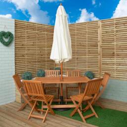 Rackhams Outdoor 6 Person Folding Rectangular Wooden Garden Dining Table Chairs Cream Parasol and Base set - Outdoor Furniture Sets - thumbnail 2