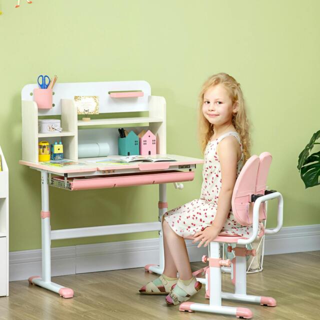 Rackhams Kids Desk & Chair Set, Height Adjustable Kids Study Table & Chair Set with Storage Shelves, Washable Cover, Anti-Slip Mat for 3-12 Years - Pink - image 1