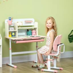 Rackhams Kids Desk & Chair Set, Height Adjustable Kids Study Table & Chair Set with Storage Shelves, Washable Cover, Anti-Slip Mat for 3-12 Years - Pink - thumbnail 1