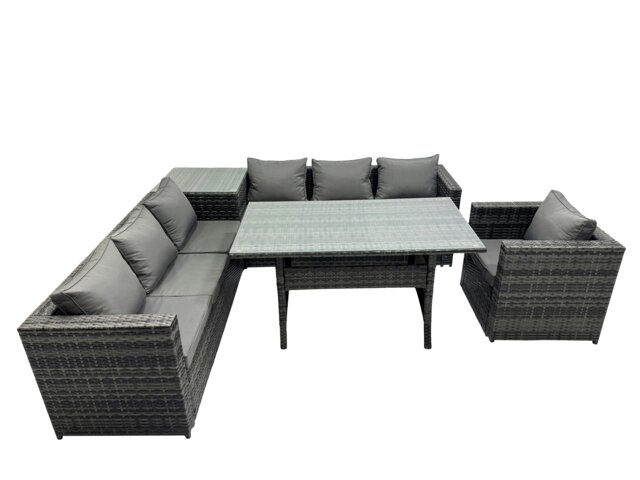 Rackhams 7 Seater Outdoor Corner Sofa Chair Dining Table Set Garden Rattan Furniture Set with Side Table Dark Grey - image 1