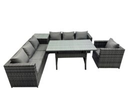 Rackhams 7 Seater Outdoor Corner Sofa Chair Dining Table Set Garden Rattan Furniture Set with Side Table Dark Grey - thumbnail 1