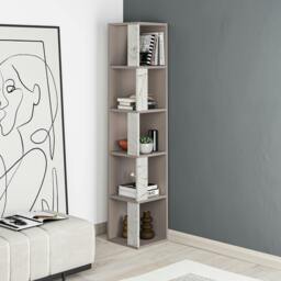 Rackhams Piano Modern Corner Bookcase Tall Display Unit 158.9cm - Mocha Grey Gold Marble Effect