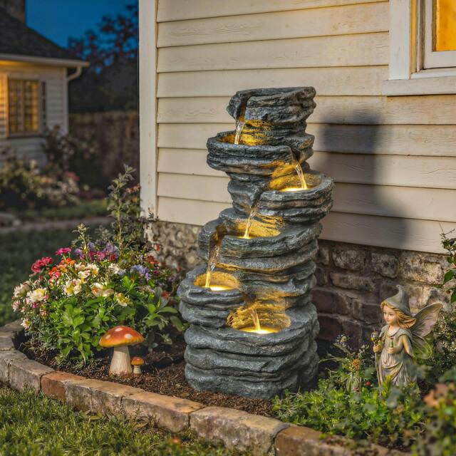 Rackhams Outdoor Fountain, Resin Freestanding Garden Fountain, Grey - Grey - 47.5 x 33.5 x 101.5 cm - 1